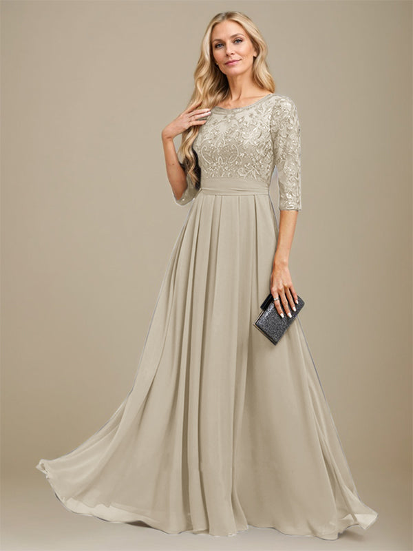 Vestido de gasa con encaje y apliques de lentejuelas para madre de la novia, corte A, largo hasta el suelo 