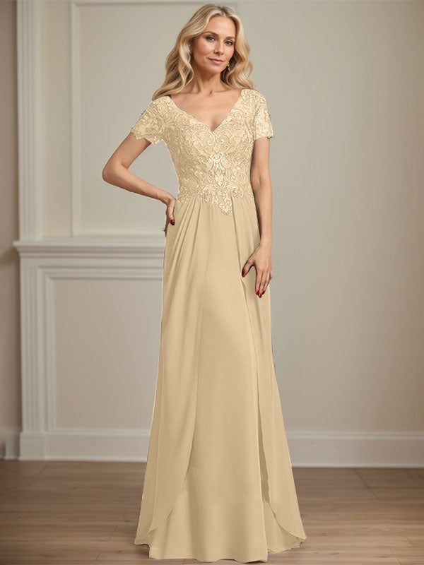 Vestido de gasa con encaje y escote en V hasta el suelo para madre de la novia