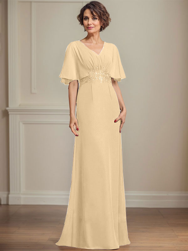 A-Linien-Kleid aus Chiffon mit V-Ausschnitt, bodenlang, für die Mutter der Braut, mit plissierten Paillettenapplikationen und Spitze