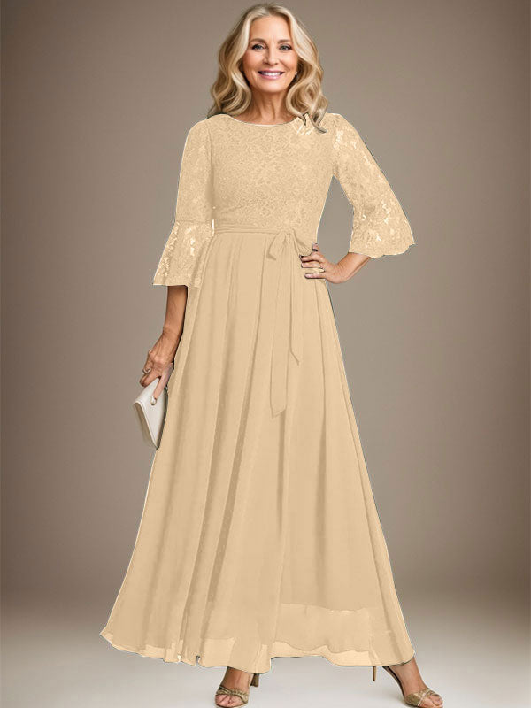 Vestido de gasa con encaje y lazo para madre de la novia, corte A, escote redondo hasta los tobillos