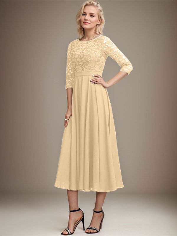 A-Linien-Kleid mit Rundhalsausschnitt, Teelänge, Spitze, Chiffon, Pailletten, für die Mutter der Braut