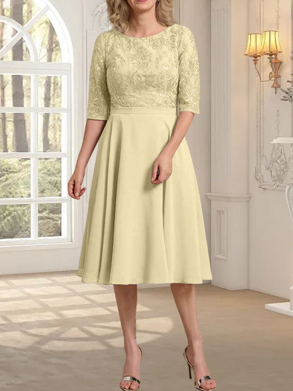 A-Linien-Kleid aus Chiffon mit Rundhalsausschnitt und knielangem Schnitt – das perfekte Kleid für die Mutter der Braut