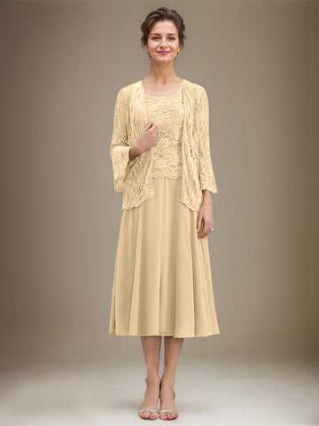 A-Linien-Kleid mit Rundhalsausschnitt, Teelänge, Spitze, Chiffon, Pailletten, für die Mutter der Braut 