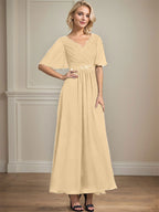 A-Linien-Chiffonkleid mit V-Ausschnitt, Knöchellänge, plissierten Pailletten und Perlenstickerei für die Mutter der Braut