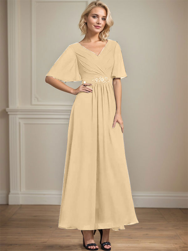 Vestido de gasa para madre de la novia, corte A, escote en V, largo hasta los tobillos, con lentejuelas y cuentas plisadas