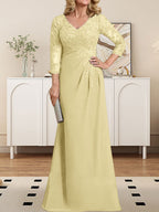 Etuikleid/Säulenkleid mit V-Ausschnitt, Illusion-Detail, bodenlang, aus Chiffonspitze und plissierten Pailletten für die Mutter der Braut 