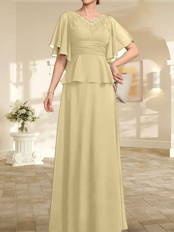 Vestido de gasa para madre de la novia, corte A, escote en V, largo hasta el suelo, con cuentas plisadas