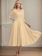 A-Linien-Kleid aus Chiffonspitze mit V-Ausschnitt, Teelänge, Perlen- und Paillettenstickerei für die Mutter der Braut 