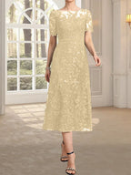 A-Linien-Kleid mit Rundhalsausschnitt, Illusion-Ausschnitt, Teelänge, Spitze und Pailletten für die Mutter der Braut