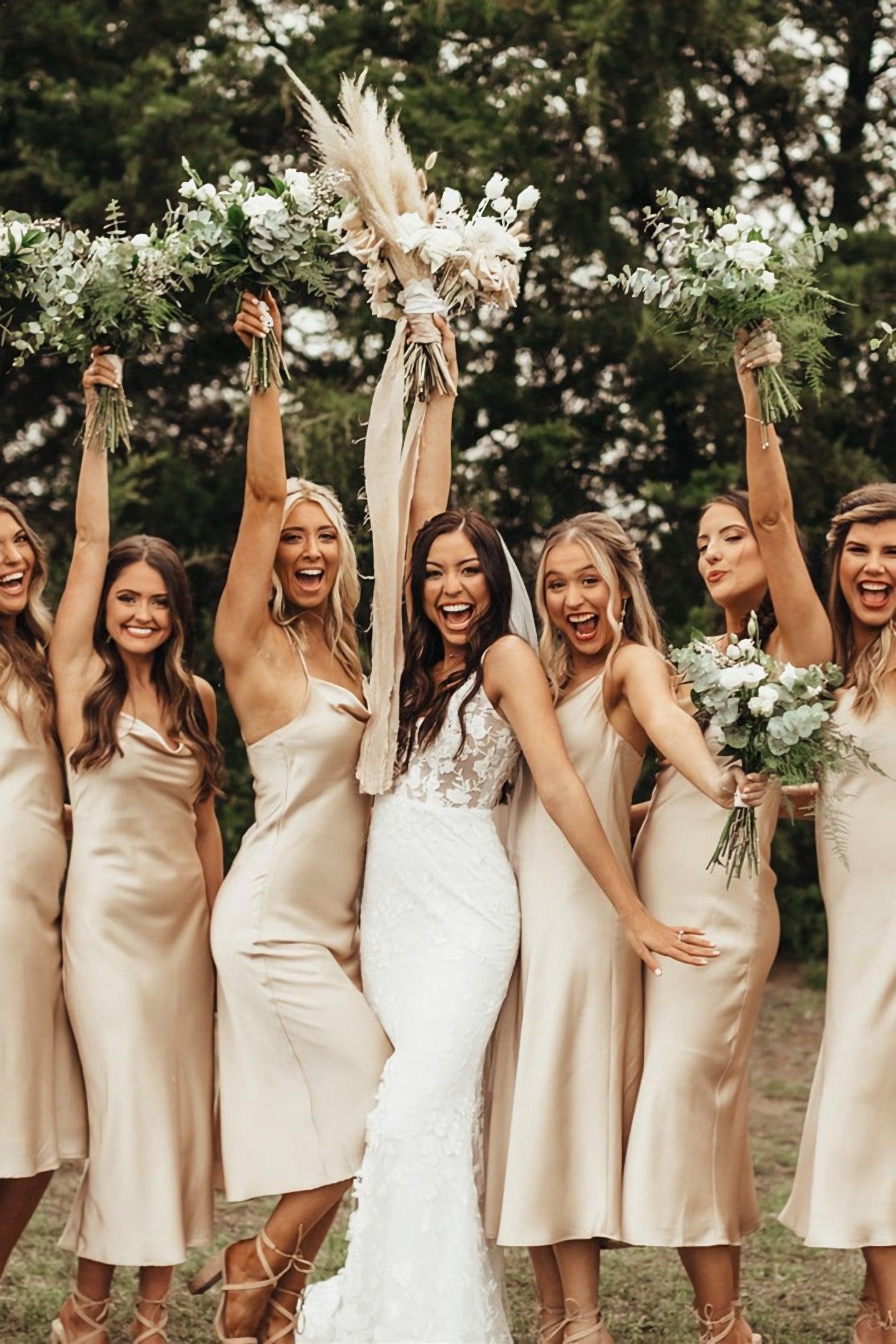 Charming Spaghetti Straps Champagne Silk Satin Bridesmaid Dresses