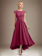 A-Linien-Kleid aus Chiffon mit asymmetrischem, plissiertem Spitzeneinsatz und Illusion-Ausschnitt für die Mutter der Braut 