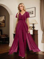 Jumpsuit/Hosenanzug, bodenlanges Chiffon-Abendkleid mit V-Ausschnitt