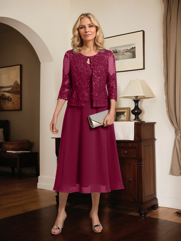 Vestido de gasa con encaje y lentejuelas para madre de la novia, corte A, escote redondo y largo hasta la rodilla 
