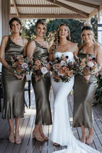 Chic Satin Sheath Bridesmaid Dresses Tea-length Short Gowns