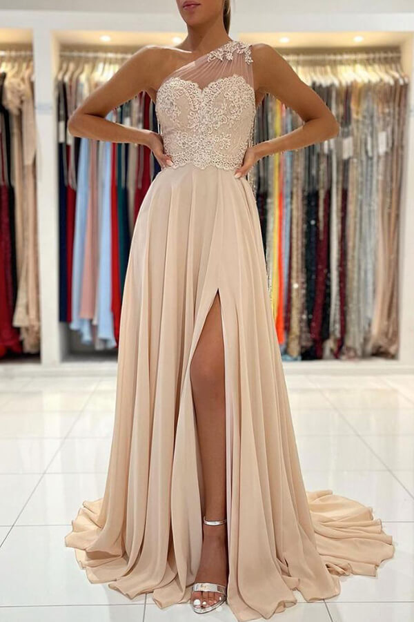 Chiffon A-line One Shoulder Lace Prom Dresse Evening Gown, Formal Dress