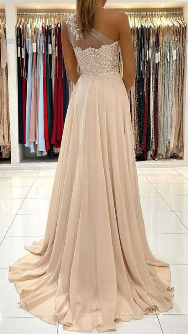 Chiffon A-line One Shoulder Lace Prom Dresse Evening Gown, Formal Dress