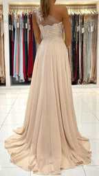 Chiffon A-line One Shoulder Lace Prom Dresse Evening Gown, Formal Dress