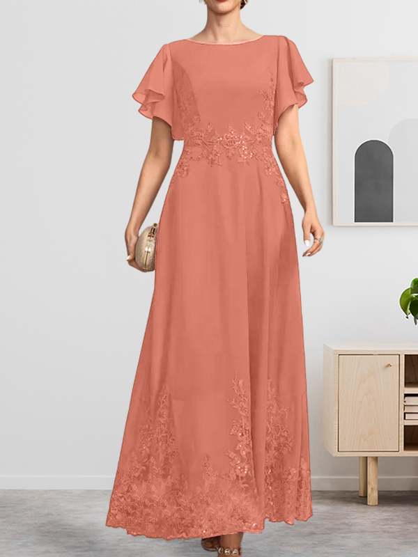 A-Linien-Kleid mit Rundhalsausschnitt, knöchellang, aus Spitze und Chiffon, mit Pailletten besetzt
