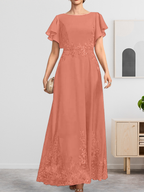 A-Linien-Kleid mit Rundhalsausschnitt, knöchellang, aus Spitze und Chiffon, mit Pailletten besetzt
