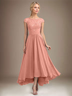 A-Linien-Kleid aus Chiffon mit asymmetrischem, plissiertem Spitzeneinsatz und Illusion-Ausschnitt für die Mutter der Braut 