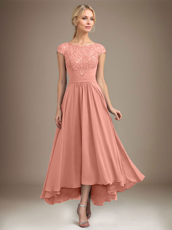 A-Linien-Kleid aus Chiffon mit asymmetrischem, plissiertem Spitzeneinsatz und Illusion-Ausschnitt für die Mutter der Braut 
