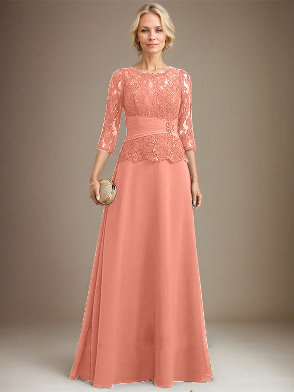 Vestido de gasa con encaje y escote en A, ilusión, largo hasta el suelo, para madre de la novia, con lentejuelas plisadas y abalorios 