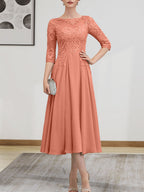 A-Linien-Kleid mit U-Boot-Ausschnitt, Illusion-Detail, Teelänge, Chiffonspitze, Perlenstickerei und Pailletten für die Mutter der Braut