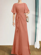 A-Linien-Kleid aus Chiffon in Bodenlänge für die Mutter der Braut mit kaskadenartigen Rüschen, Perlen und Pailletten