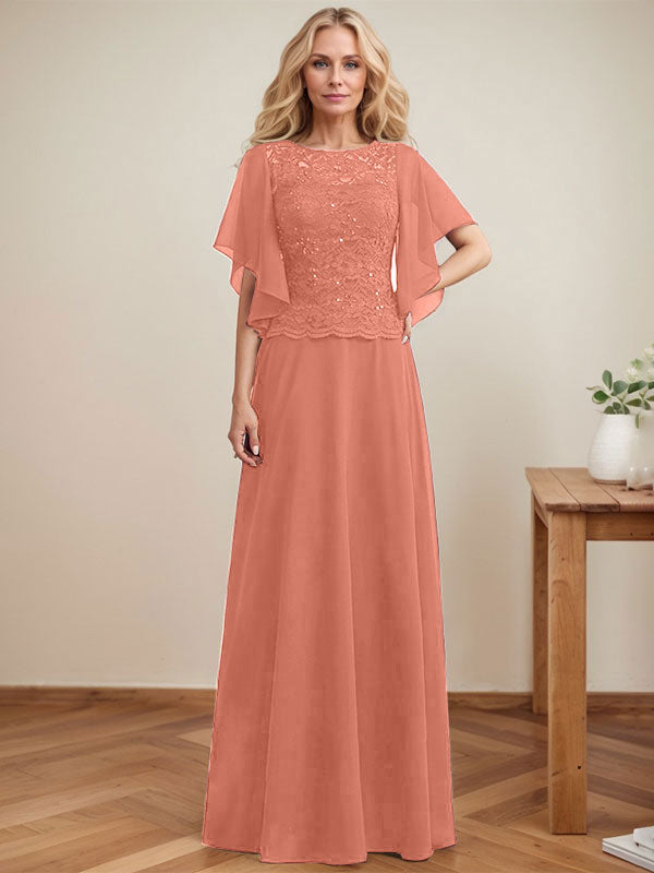 A-Linien-Kleid mit Rundhalsausschnitt, Illusion-Effekt, bodenlang, aus Chiffon und Spitze mit Pailletten – das perfekte Brautmutterkleid 