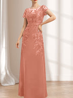 Etuikleid/Säulenkleid mit Illusion-Ausschnitt, bodenlang, aus Chiffon und Spitze mit Pailletten für die Mutter der Braut