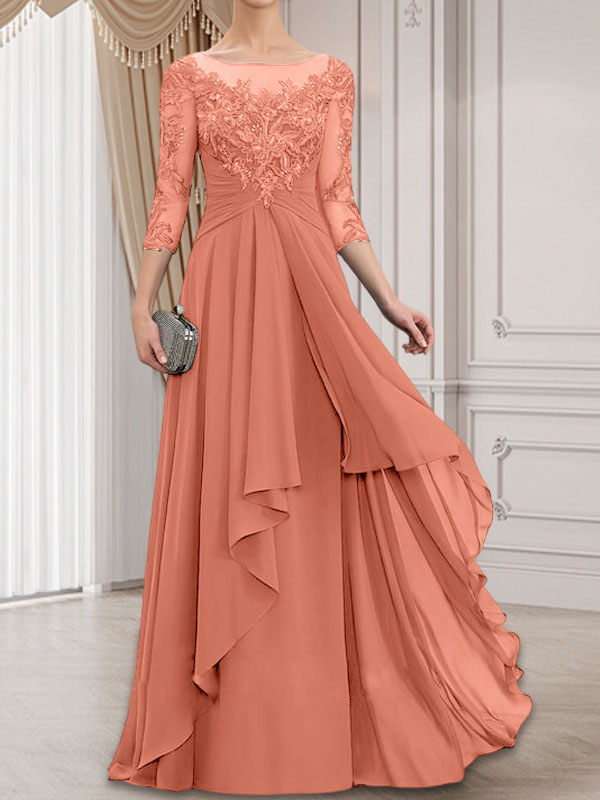 A-Linien-Kleid mit U-Boot-Ausschnitt, Illusion-Effekt, bodenlang, aus Chiffon und Spitze, mit Kaskadenrüschen – perfekt für die Mutter der Braut