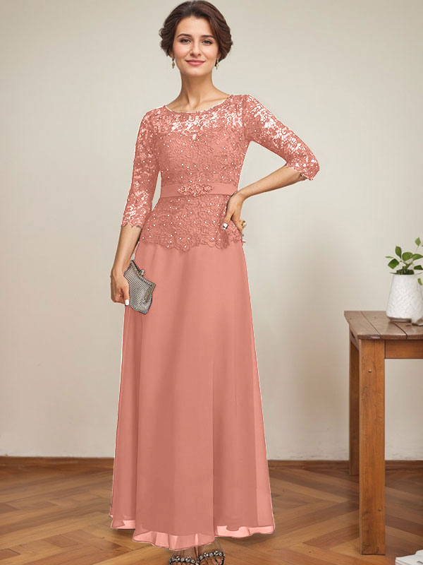 Vestido de gasa con encaje y escote ilusión hasta los tobillos para madre de la novia con cuentas de diamantes de imitación 
