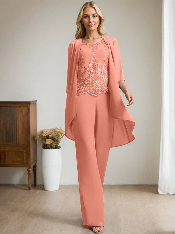 Vestido de madre de la novia de gasa con encaje, escote redondo y lentejuelas y mono/pantalón separado 