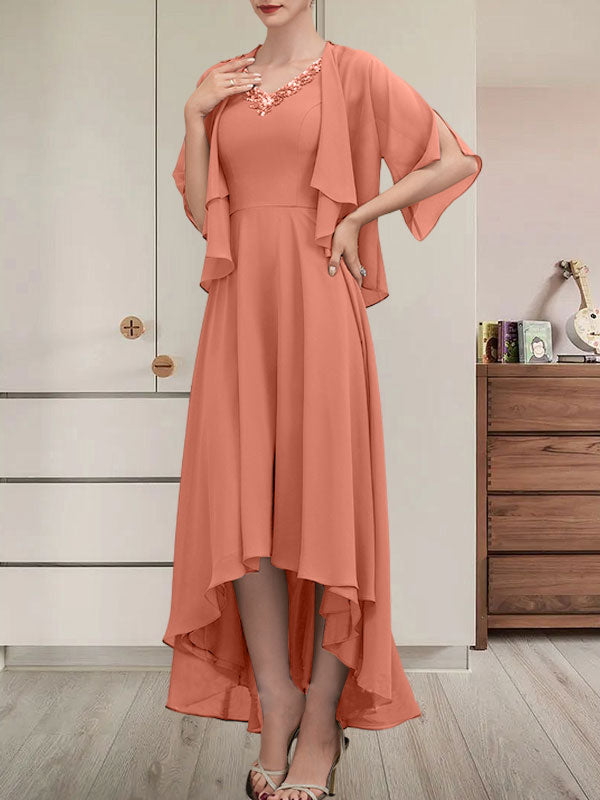 A-Linien-Kleid aus Chiffon mit V-Ausschnitt, asymmetrischem Muster und Perlen- und Paillettenbesatz für die Mutter der Braut