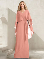 A-Linien-Kleid aus Chiffon mit V-Ausschnitt, bodenlang, mit Kaskadenrüschen und Perlenstickerei für die Mutter der Braut. 