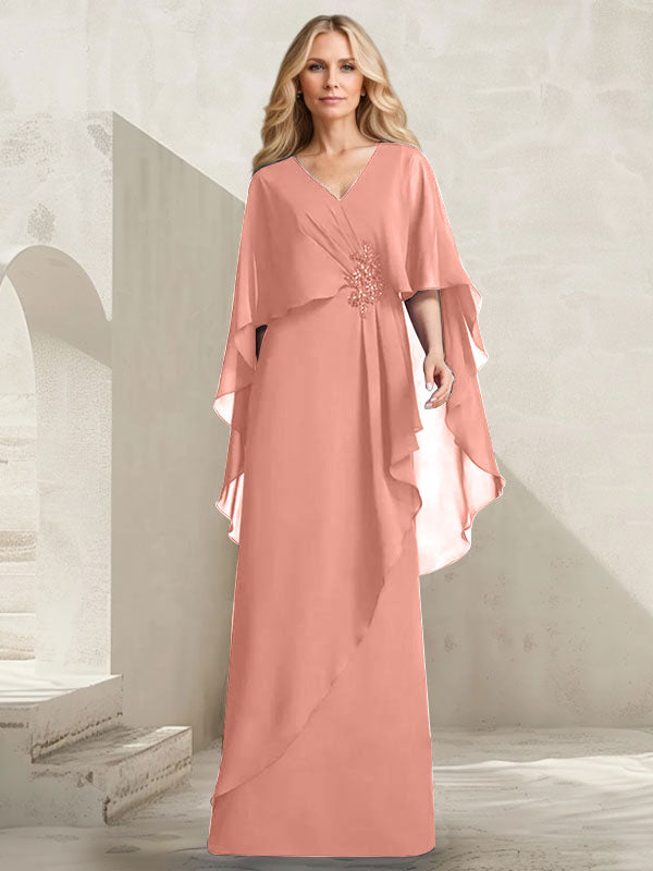 A-Linien-Kleid aus Chiffon mit V-Ausschnitt, bodenlang, mit Kaskadenrüschen und Perlenstickerei für die Mutter der Braut. 