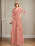 A-Linien-Kleid aus Chiffon mit V-Ausschnitt, bodenlang, mit Spitze, Kaskadenrüschen und Pailletten für die Mutter der Braut 