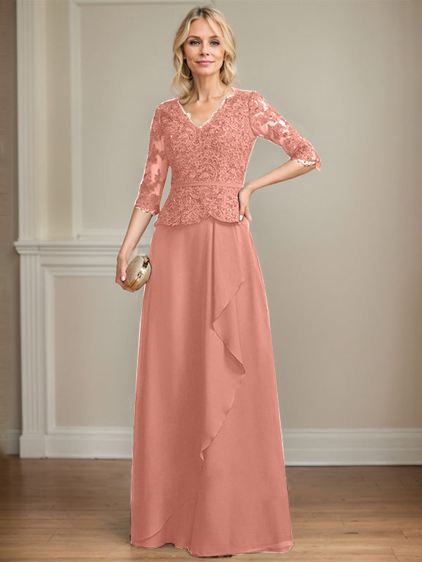 Vestido de gasa con encaje y escote en V hasta el suelo para madre de la novia con volantes en cascada y lentejuelas 