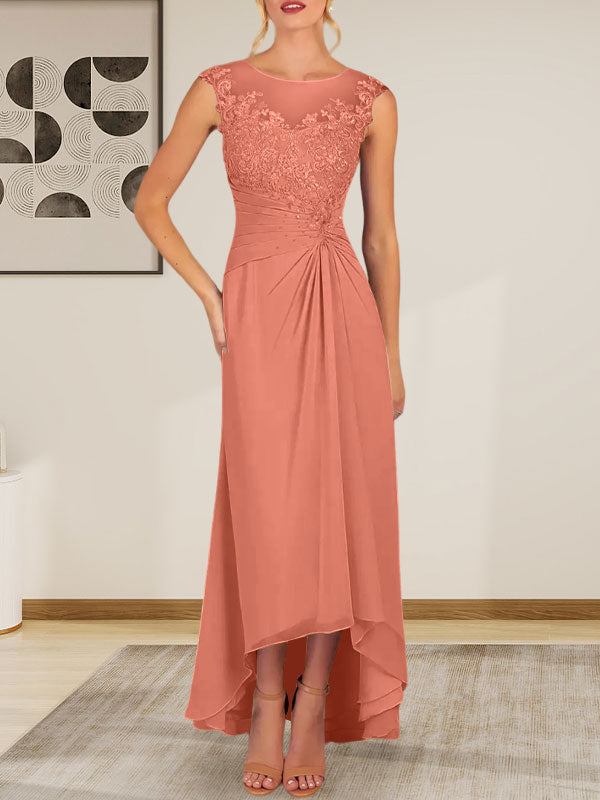 Champagnerfarbenes A-Linien-Chiffonkleid mit Rundhalsausschnitt und Spitze