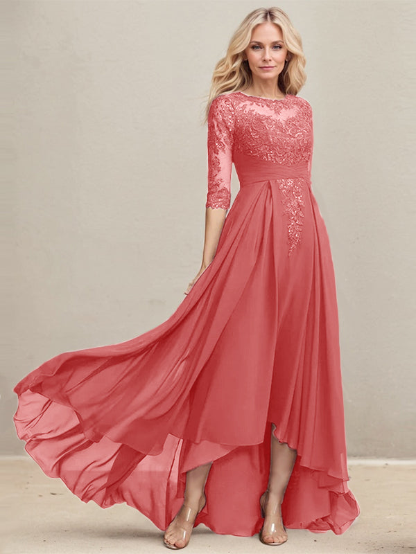 A-Linien-Kleid mit asymmetrischem Ausschnitt, Illusion-Effekt, Spitze und Chiffon, verziert mit plissierten Pailletten, ideal für die Mutter der Braut 