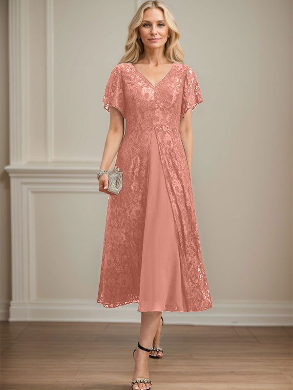 A-Linien-Kleid aus Chiffon mit V-Ausschnitt und Teelänge für die Mutter der Braut 