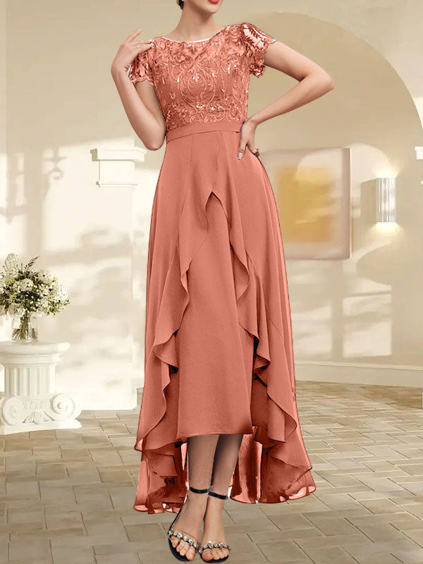 Vestido de madre de la novia de gasa asimétrica con escote en A, ilusión, encaje, lazo, volantes y lentejuelas 