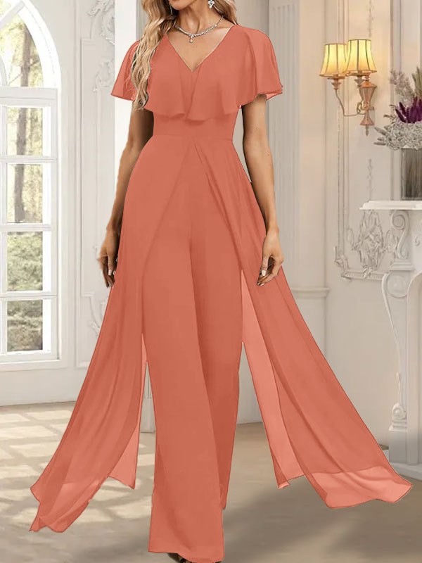 Vestido de noche de gasa con escote en V y largo hasta el suelo, tipo mono/pantalón