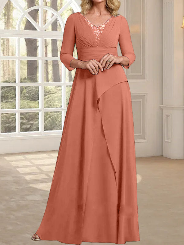 A-Linien-Kleid aus Chiffon mit V-Ausschnitt, bodenlang, für die Mutter der Braut, mit plissierter Perlenstickerei