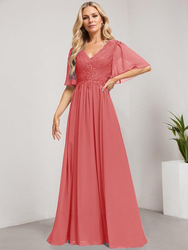 A-Linien-Kleid aus Chiffon mit V-Ausschnitt, bodenlang, mit Pailletten besetzt – ideal für die Mutter der Braut 