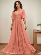 A-Linien-Kleid aus Chiffon mit V-Ausschnitt, bodenlang, mit Paillettenapplikationen, Spitze und Falten für die Mutter der Braut 