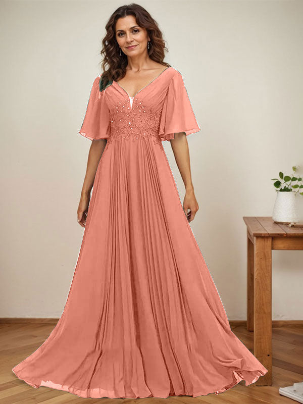 A-Linien-Kleid aus Chiffon mit V-Ausschnitt, bodenlang, mit Paillettenapplikationen, Spitze und Falten für die Mutter der Braut 