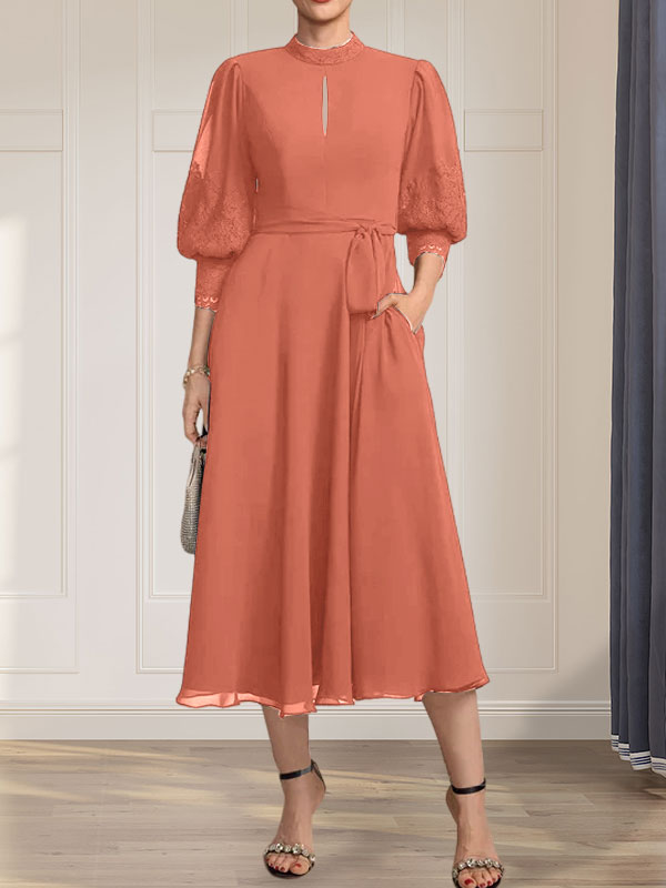 A-Linien-Kleid aus Chiffon mit hohem Kragen, Teelänge und Spitze für die Mutter der Braut, verziert mit einer Schleife