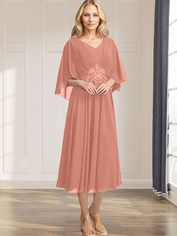 A-Linien-Kleid aus Chiffon mit V-Ausschnitt, Teelänge, plissierten Paillettenapplikationen und Perlenstickerei für die Mutter der Braut 