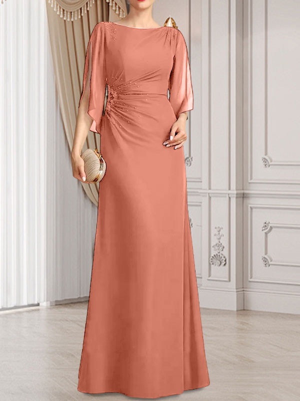 Etui-/Säulen-Chiffonkleid in Bodenlänge für die Mutter der Braut mit plissierter Perlenstickerei